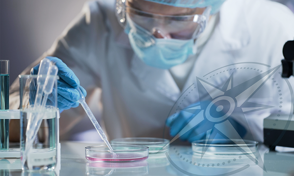 Researcher pipetting a sample in a petri dish with an overlay of a compass